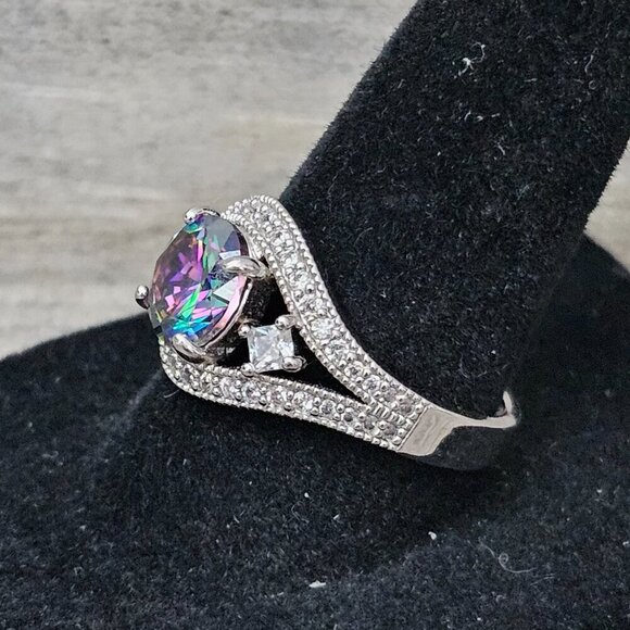 Lab Created New Round Faceted Mystic Topaz CZ Halo Silver Tone Accent Ring - Picture 1 of 8